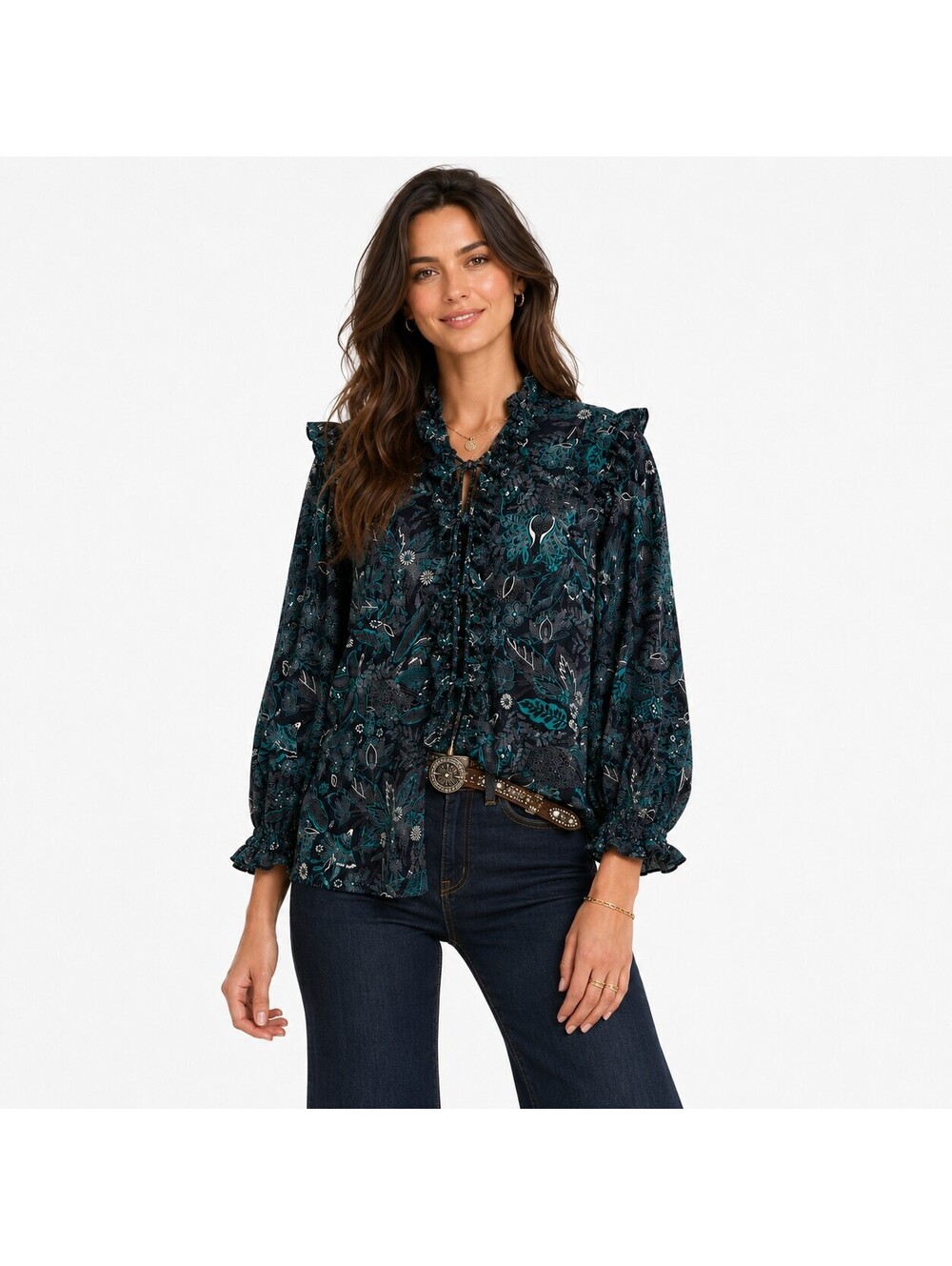 By Anthropologie Women’s S Navy Teal Floral Ruffle Tie Neck Boho Blouse
